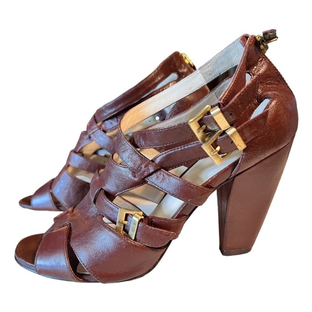 00s Saks Fifth Avenue LYLE Leather Strappy Heel Sandals Sz 8 Brown Classy Preppy - Picture 4 of 11